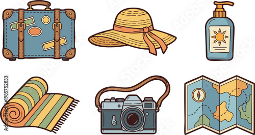 Vintage Travel Icons Set with Suitcase, Camera, and Map