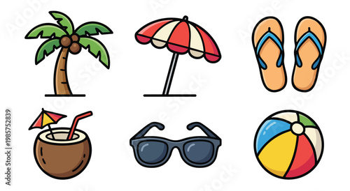 Colorful summer vacation icons with palm tree, umbrella, and beach ball