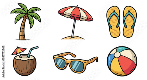 Summer beach icons set with palm tree, umbrella, and flip-flops