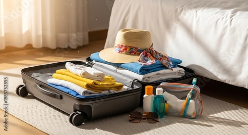 Packing suitcase with summer clothes, hat, and travel accessories, ready for vacation