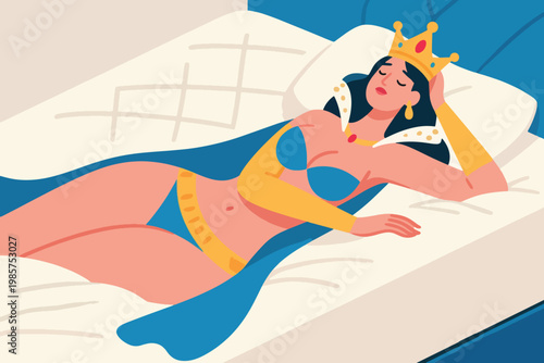 Beautiful Queen Cartoon Sleeping Soundly on Bed Illustration Creative Design Template 