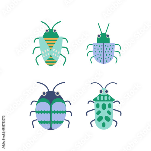 Cute insect stink bug flat vector illustration. Shield bugs character set. Minimal nursery kids doodle sticker and print. Colorful forest creature isolated top view for summer design.