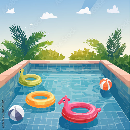 Eine lebendige Poolszene mit klarem, glitzerndem Wasser, in dem bunte Schwimmreifen in verschiedenen Formen und Farben treiben