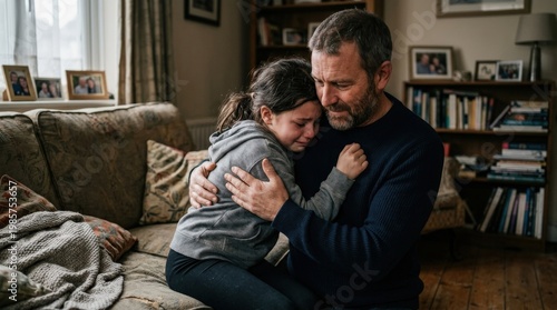 Daughter hugging her father sadly, emotional family moment at home, tender body language and muted natural light, ultra-realistic, no logos.