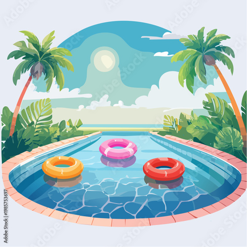 Eine lebendige Poolszene mit klarem, glitzerndem Wasser, in dem bunte Schwimmreifen in verschiedenen Formen und Farben treiben