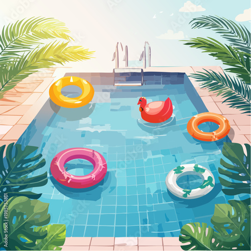 Eine lebendige Poolszene mit klarem, glitzerndem Wasser, in dem bunte Schwimmreifen in verschiedenen Formen und Farben treiben