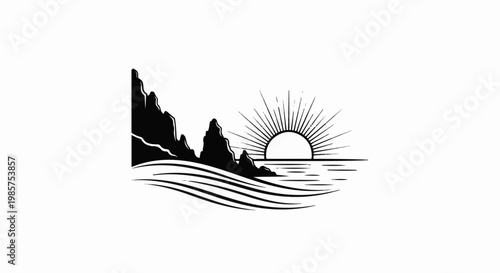 Stylized coastal sunrise with rocky formations and wavy waters