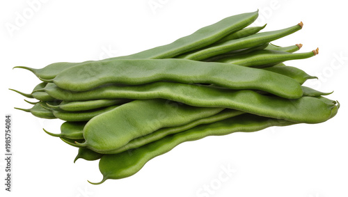 Foto Heap of flat green runner beans fresh and organic, isolated on transparent backg