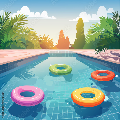 Eine lebendige Poolszene mit klarem, glitzerndem Wasser, in dem bunte Schwimmreifen in verschiedenen Formen und Farben treiben