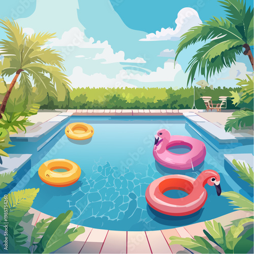 Eine lebendige Poolszene mit klarem, glitzerndem Wasser, in dem bunte Schwimmreifen in verschiedenen Formen und Farben treiben