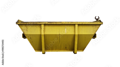 Foto Large yellow metal skip bin with two distinct color bands, isolated on transpare