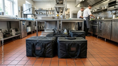 Insulated catering transport bags placed on a clean kitchen floor in a commercial interior, stainless steel surfaces and organized service context under natural light, professional culinary