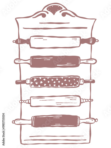 Rolling pin collection on rack with different baking tools hand drawn line style