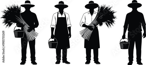 Silhouette vector illustration of four farmers holding wheat bundles and harvest baskets, representing agricultural labor, organic farming, and rural harvest season on white.