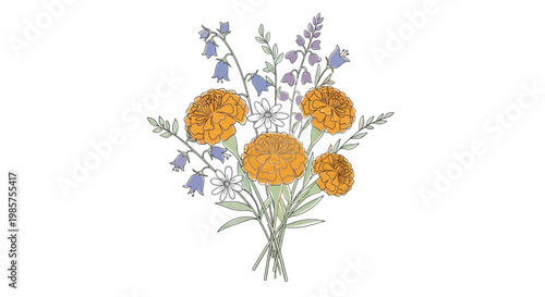 Bouquet of orange flowers and lavender.