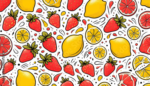 juicy lemon and strawberry seamless vector pattern background in doodle art