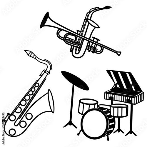 Silhouettes of musical instruments with drums and piano.