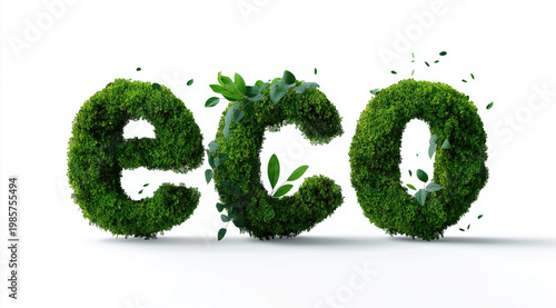  The word eco is formed from lush green moss and leaves on the forest floor symbolizing environmental sustainability and natural growth.