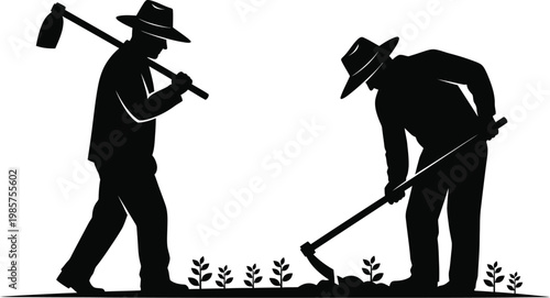Black silhouette vector illustration of two farmers wearing hats working in a field with hoes tilling soil and planting young crops
