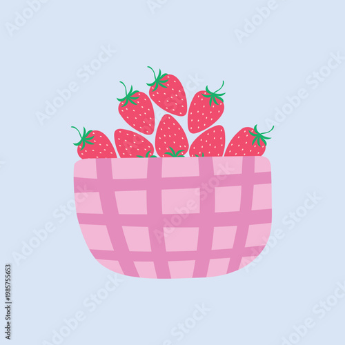 Sweet red strawberries in a pink bowl with a checkered pattern.
Vector illustration for decor, culinary themes.