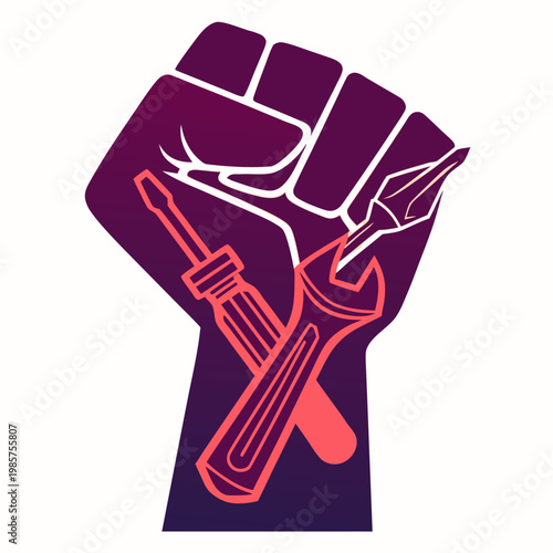 Fist holding tools symbol raised protest.