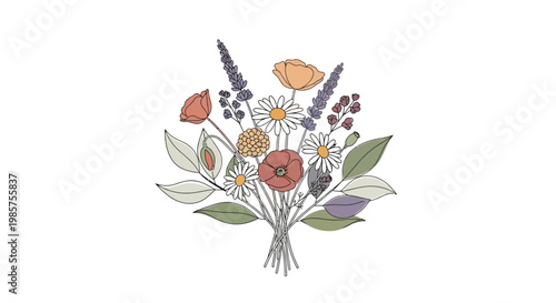 Colorful bouquet of wildflowers and leaves.