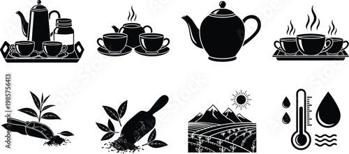 Set of black and white vector icons illustrating tea culture featuring teapots cups plantation landscape brewing temperature and loose leaf tea production elements
