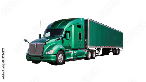 Photography Shiny green semi-trailer truck with large cargo trailer, isolated on transparent