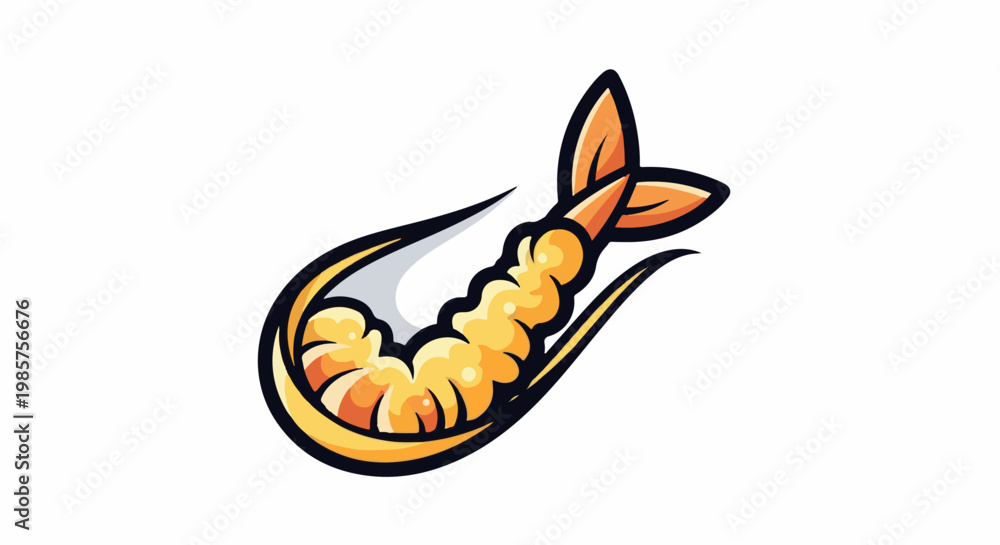 Obraz premium Crispy golden fried shrimp with a distinctive stylized tail on a white background