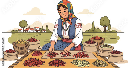 Traditional Eastern European Woman in Folk Costume Sorting Red Chili Peppers and Spices at a Rural Village Market Vector Illustration