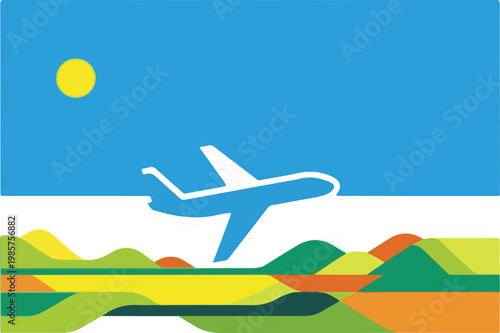 A stylized airplane flying over colorful geometric landscape layers representing travel and summer vacation under a bright yellow sun illustration