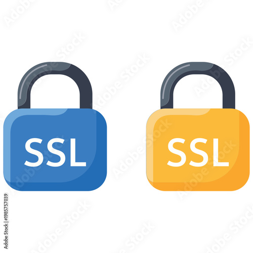 Security Locks: Two colorful security locks, one blue and one yellow, displaying SSL, symbolizing data encryption and internet security.