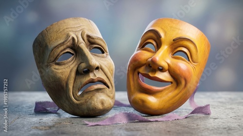 Classic comedy and tragedy theater masks side by side with performance expression entertainment contrast audience