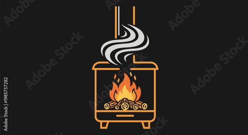Stylized illustration of a wood-burning stove with flames and smoke