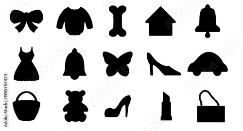 Set of fashion woman things icons. Clothes, lipstic, bear, bag dress