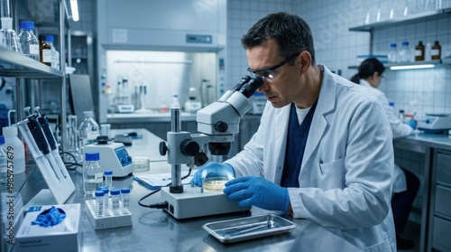 A male scientist in a white lab coat carefully examining a petri dish under a microscope, sterile laboratory environment with stainless steel surfaces, focused cool-toned lighting, precise and