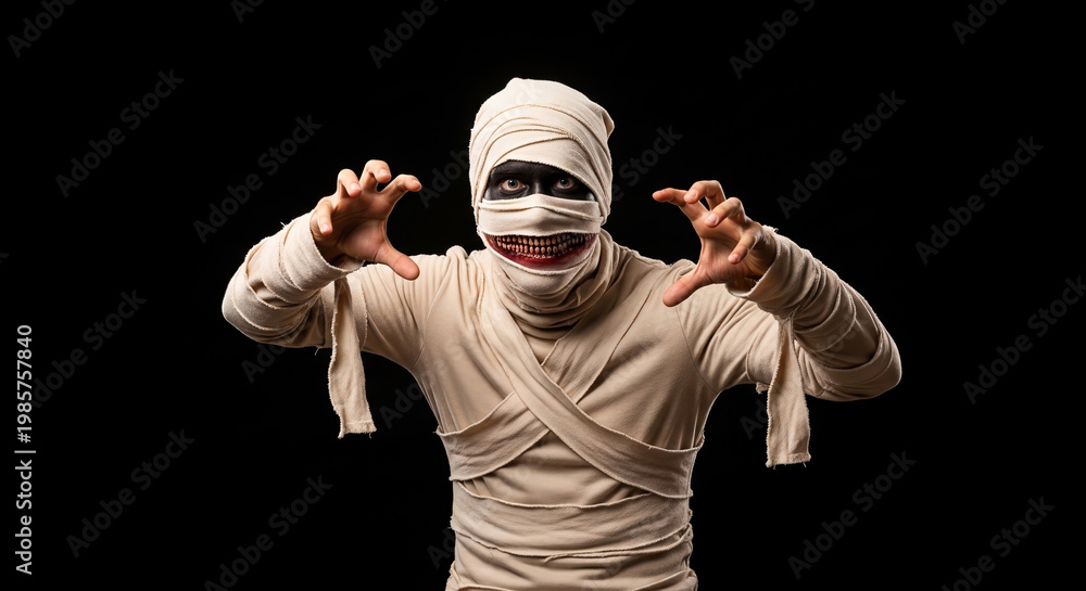 Naklejka premium Person dressed as a scary mummy with bandages and outstretched hands on a black background, ready for Halloween.