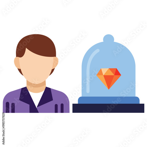 Precious Possession: Illustration of an elegant individual standing beside a protective glass dome, which showcases a stunning diamond gem, encapsulating the themes of value, safeguarding, and desire.