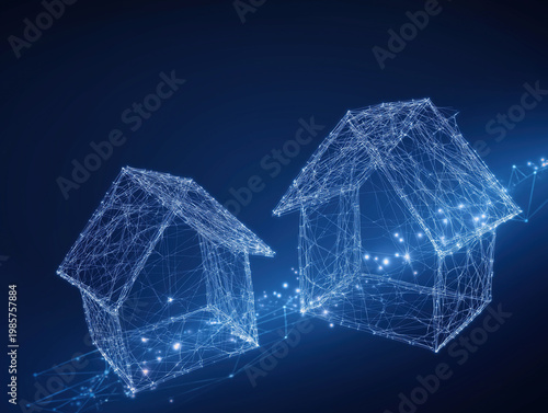 Two luminous wireframe homes float connected by glowing particles against deep blue.