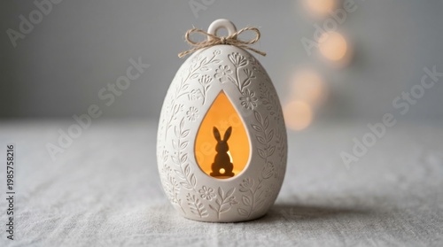 Decorative easter egg lantern with a silhouette of a bunny inside lit from within on a textured surface silhouette