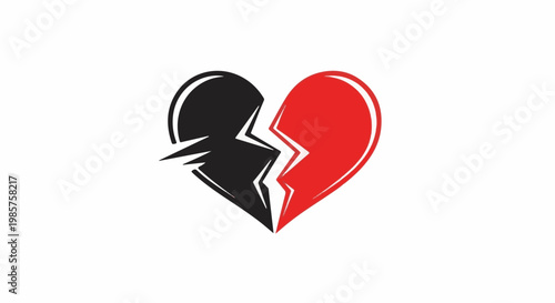 A fractured heart symbol, split vertically into black and red halves