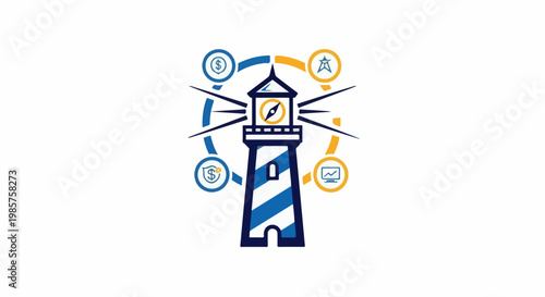 Stylized lighthouse graphic with financial and directional symbols
