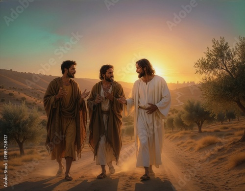 The resurrected Jesus talking to his disciples on the road to Emmaus