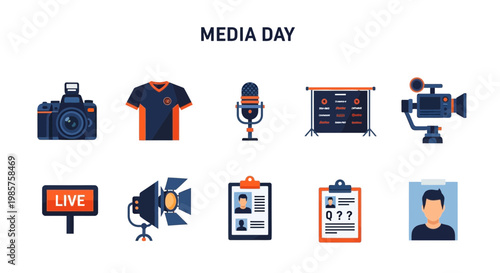 Media Day Broadcasting Equipment Icons.