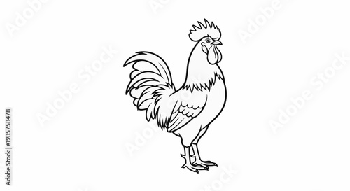 A detailed black and white line drawing of a rooster