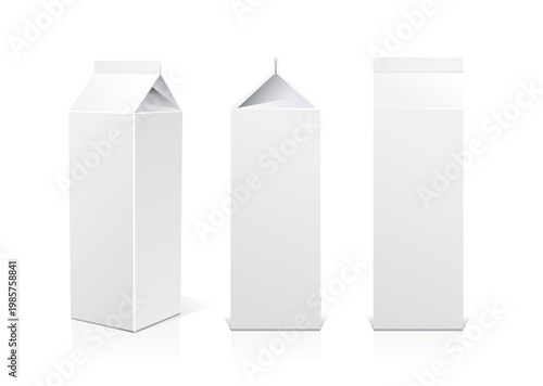Vector white 3D blank paperboard box food packaging. Vector mock-up milk or juice carton set. Gable top and brick shaped carton packs. Cardboard container side and front