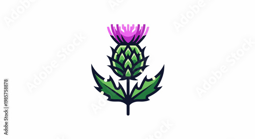 Stylized thistle bloom with purple petals and green spiky leaves