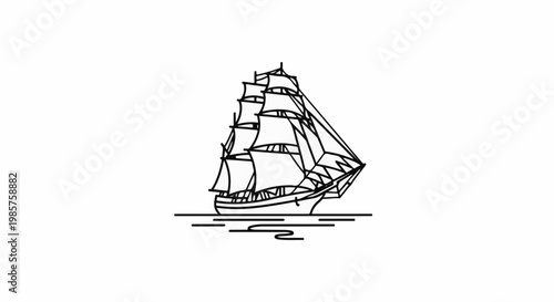 A black and white line drawing of a tall ship on the water