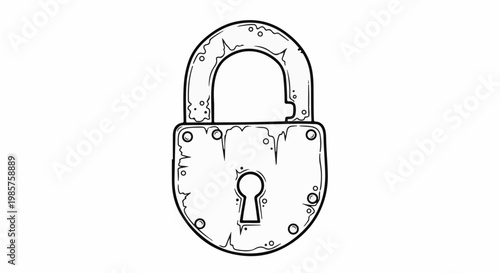 A black and white line drawing of an old, weathered padlock with a keyhole
