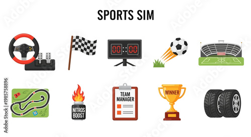 Sports simulation icons and symbols collection.